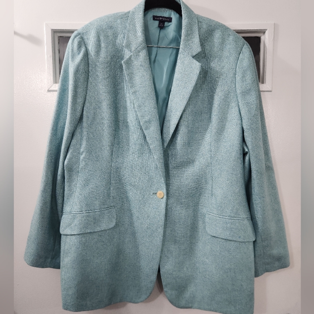 Lands End Womens Blazer Jacket Size 26W Wool Linen Silk Blend Single Button Blue